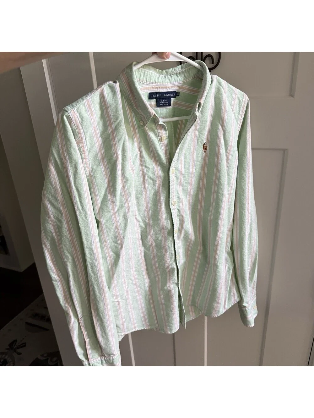 Ralph Lauren Womens 12 Slim Fit Green Striped Oxford Shirt Pony Button Down